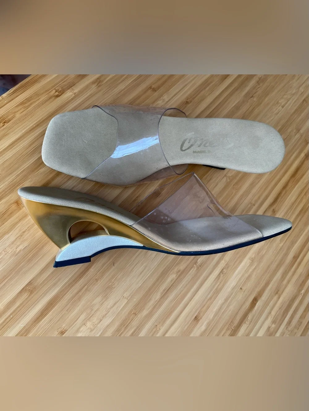 Onex Beige Slide Sandals with Clear Strap - Women Size 8
